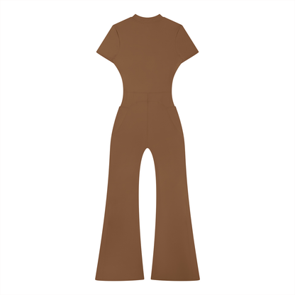 Women’s Tight Fit Flared Leg Quarter-Zip Jumpsuit Y2K Inspired Pixel Art