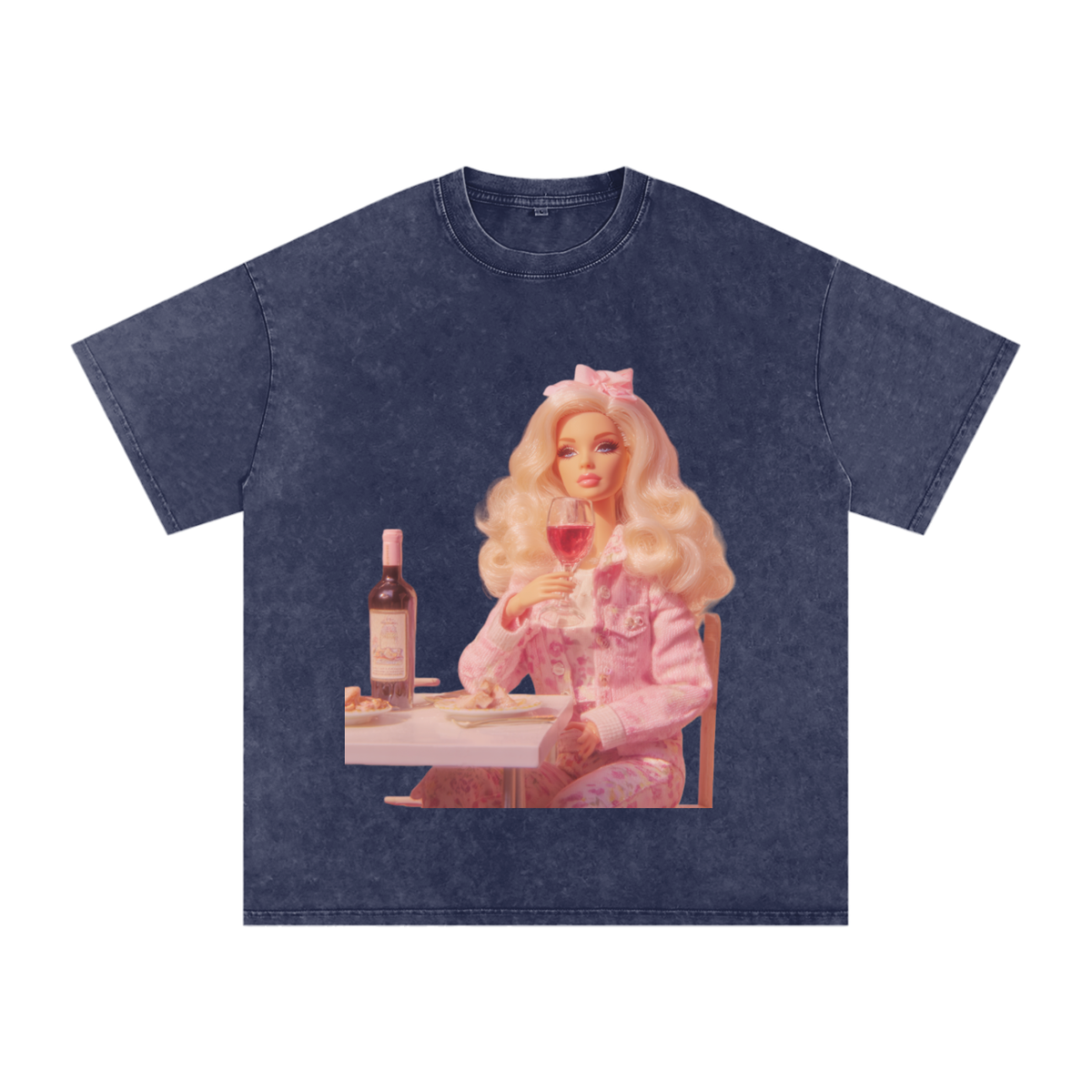 Funny Barbie with a Wine Glass Snow Washed Oversized Cotton T-Shirt