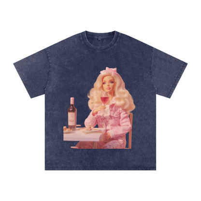 Funny Barbie with a Wine Glass Snow Washed Oversized Cotton T-Shirt