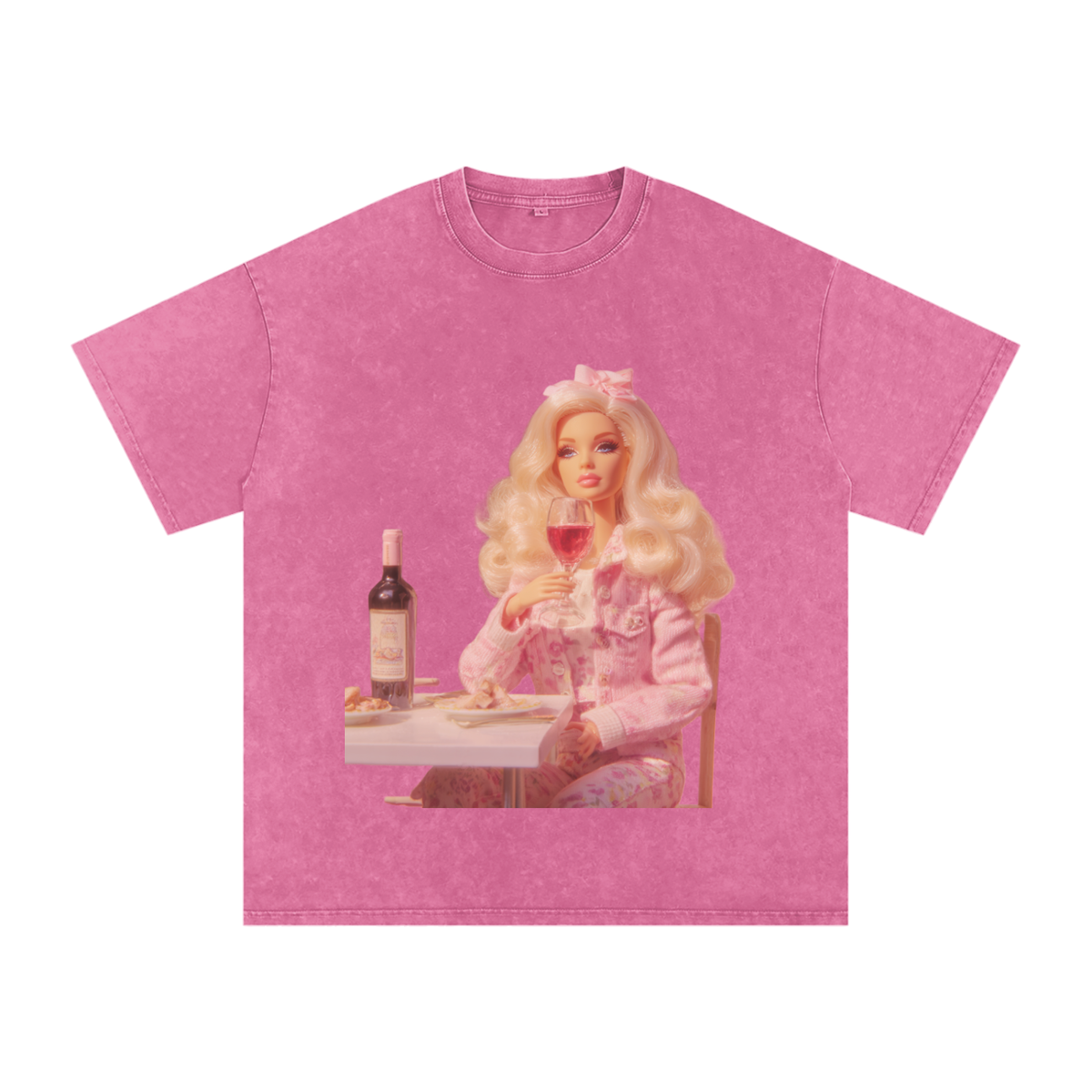 Funny Barbie with a Wine Glass Snow Washed Oversized Cotton T-Shirt