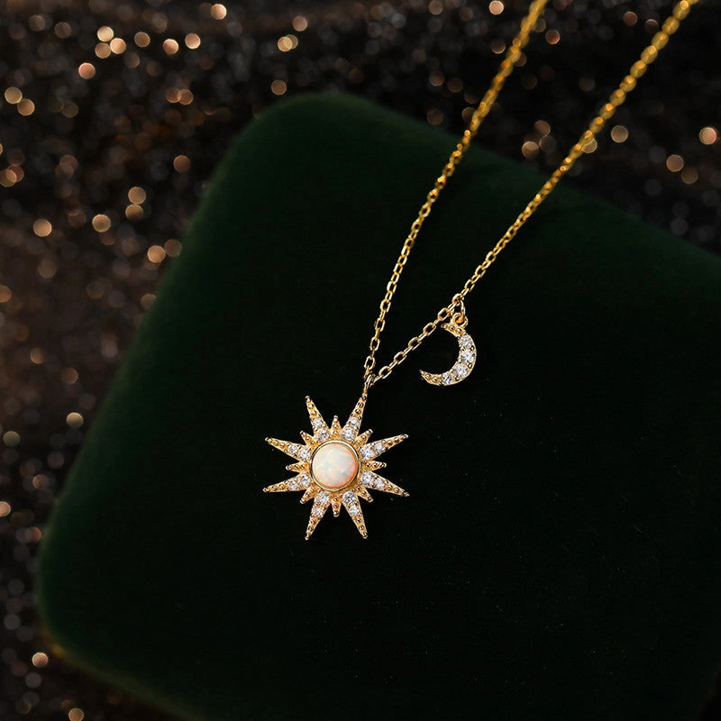 Opal Sun and Moon Dainty Pendant Necklace in 925 Sterling Silver