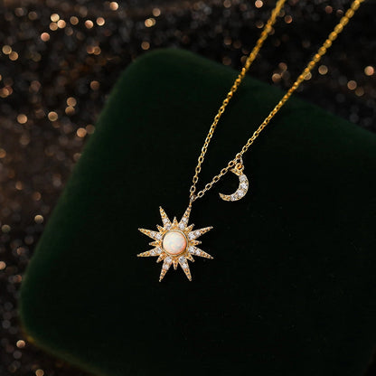 Opal Sun and Moon Dainty Pendant Necklace in 925 Sterling Silver
