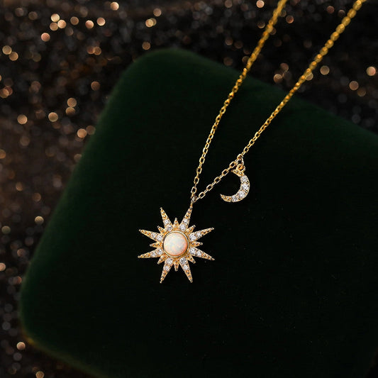 Opal Sun and Moon Dainty Pendant Necklace in 925 Sterling Silver