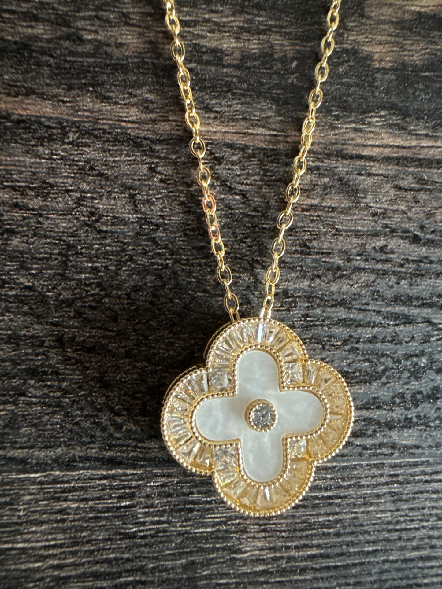 Clover Necklace White Mother of Pearl Reversible with Diamonds