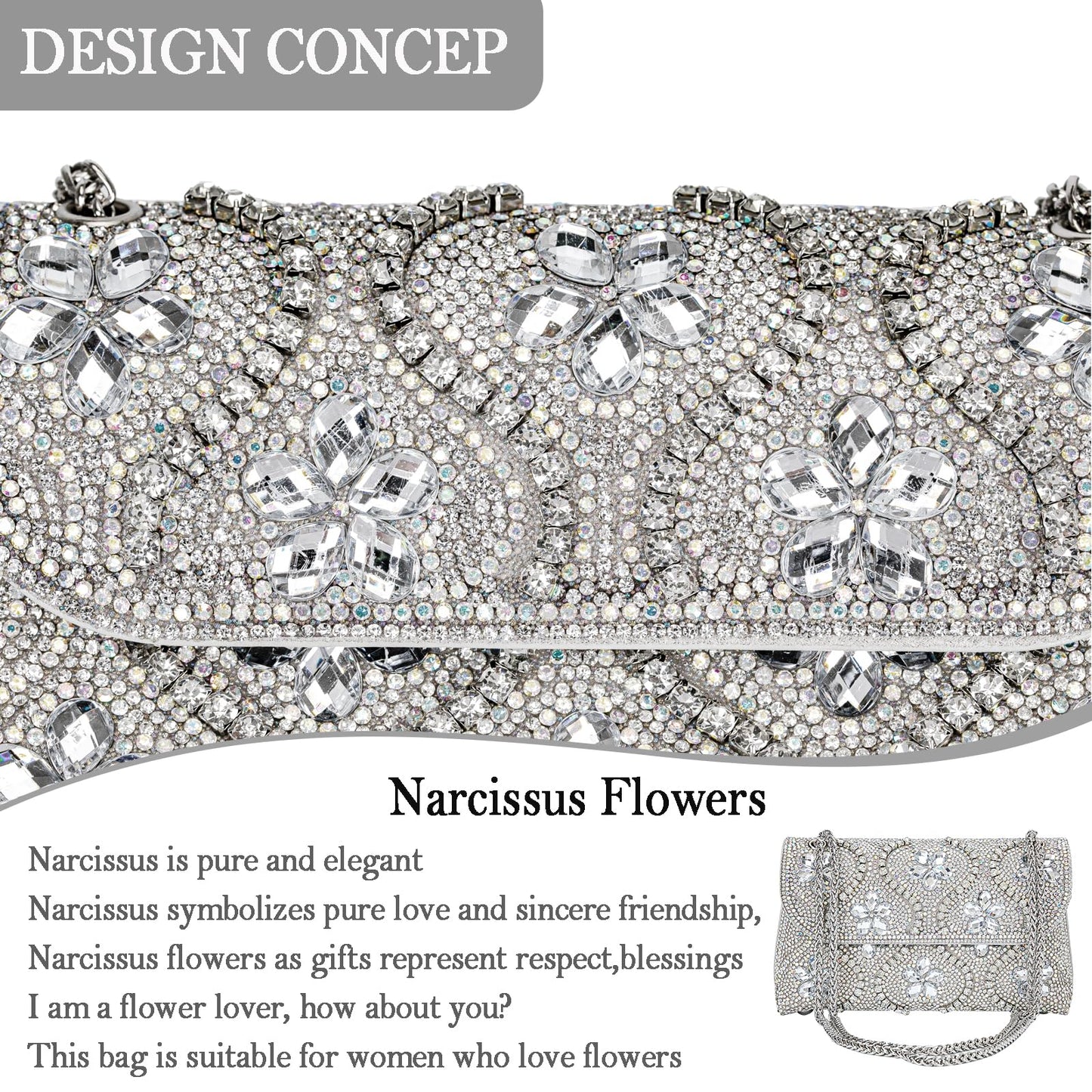 Flower Evening Handbags Chain Strap Square Shoulder Bag Crossbody Bag Crystals Rhinestone Clutch Purse