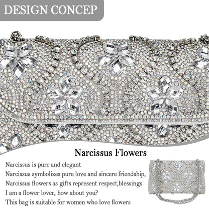 Flower Evening Handbags Chain Strap Square Shoulder Bag Crossbody Bag Crystals Rhinestone Clutch Purse