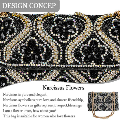 Flower Evening Handbags Chain Strap Square Shoulder Bag Crossbody Bag Crystals Rhinestone Clutch Purse