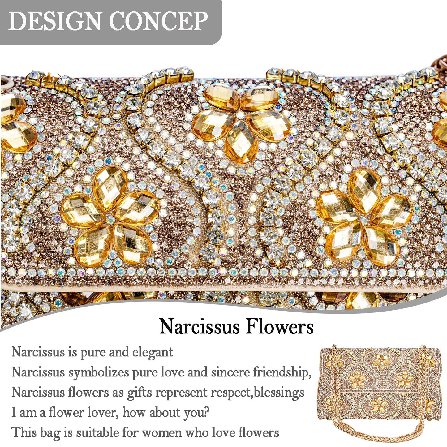 Flower Evening Handbags Chain Strap Square Shoulder Bag Crossbody Bag Crystals Rhinestone Clutch Purse