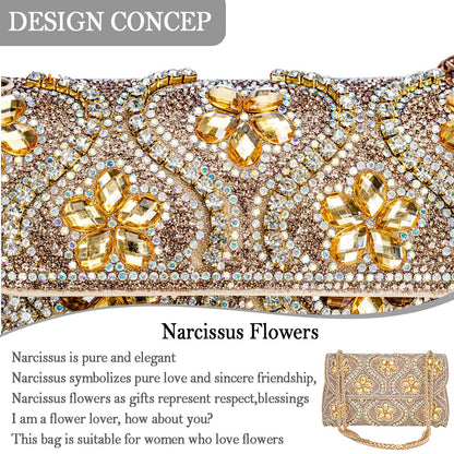 Flower Evening Handbags Chain Strap Square Shoulder Bag Crossbody Bag Crystals Rhinestone Clutch Purse