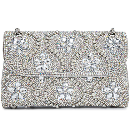 Flower Evening Handbags Chain Strap Square Shoulder Bag Crossbody Bag Crystals Rhinestone Clutch Purse