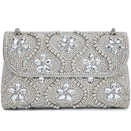 Flower Evening Handbags Chain Strap Square Shoulder Bag Crossbody Bag Crystals Rhinestone Clutch Purse