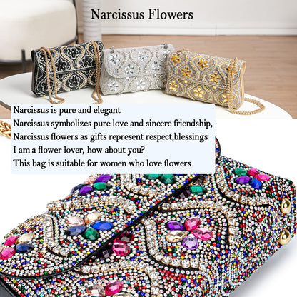 Flower Evening Handbags Chain Strap Square Shoulder Bag Crossbody Bag Crystals Rhinestone Clutch Purse