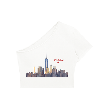 Women's One-Shoulder Crop T-Shirt with NYC Skyline Print