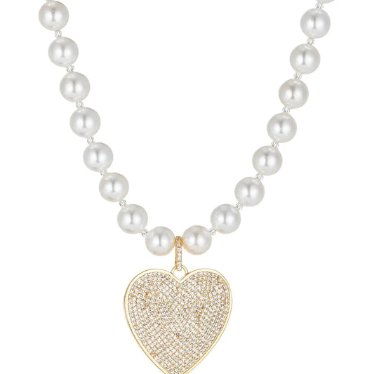 Miranda Pave Heart Pearl Necklace with White Crystals