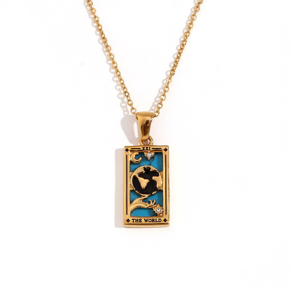 Tarot Card Necklace with Inlaid Design and Crystals