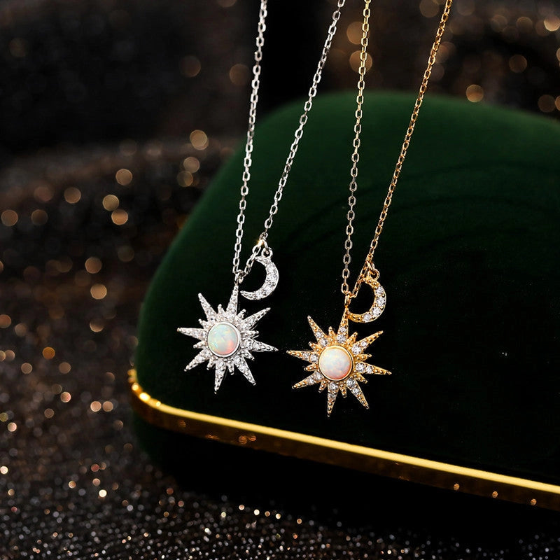 Opal Sun and Moon Dainty Pendant Necklace in 925 Sterling Silver