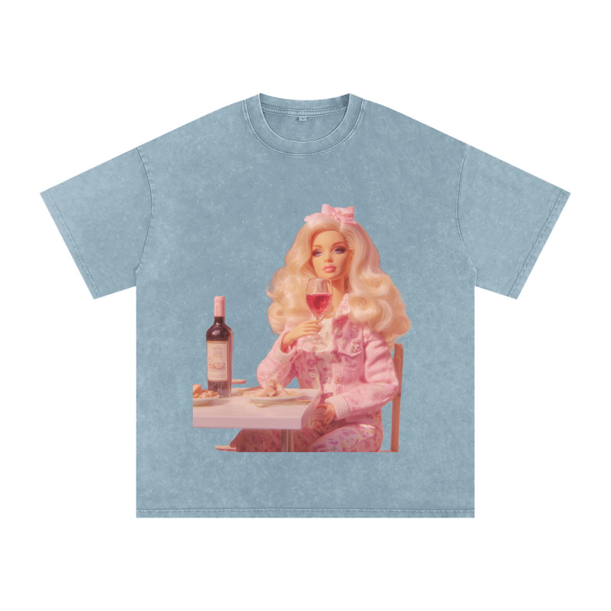 Funny Barbie with a Wine Glass Snow Washed Oversized Cotton T-Shirt