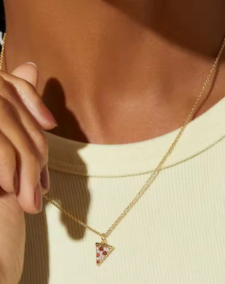 Pizza Necklace Baby Slice Pavé Slice of Life 14K Gold-Plated Stainless Steel
