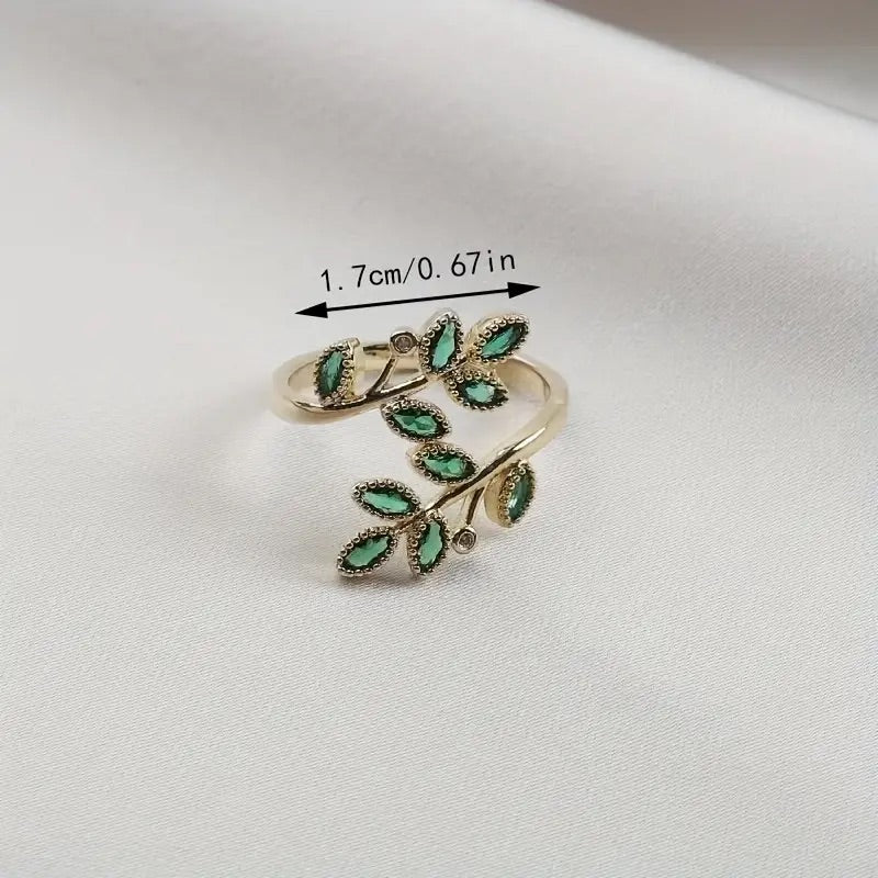 Green leaf wrap ring with crystals