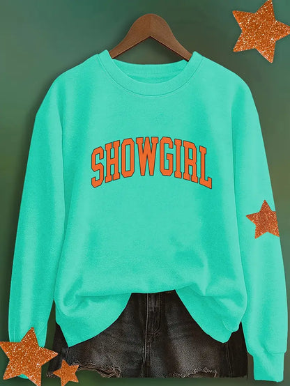 Showgirl Sweatshirt for Women Crewneck Orange Lettering & Star Design Round Neck Casual Pullover with Orange Elements for Music Events