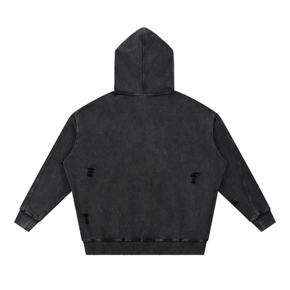Unisex Snow Washed Distressed Panel Pocket Hoodie with NYC Skyline Print