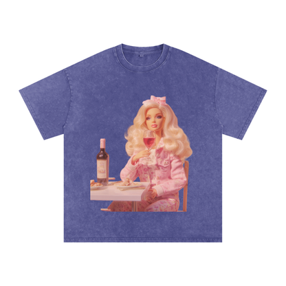 Funny Barbie with a Wine Glass Snow Washed Oversized Cotton T-Shirt