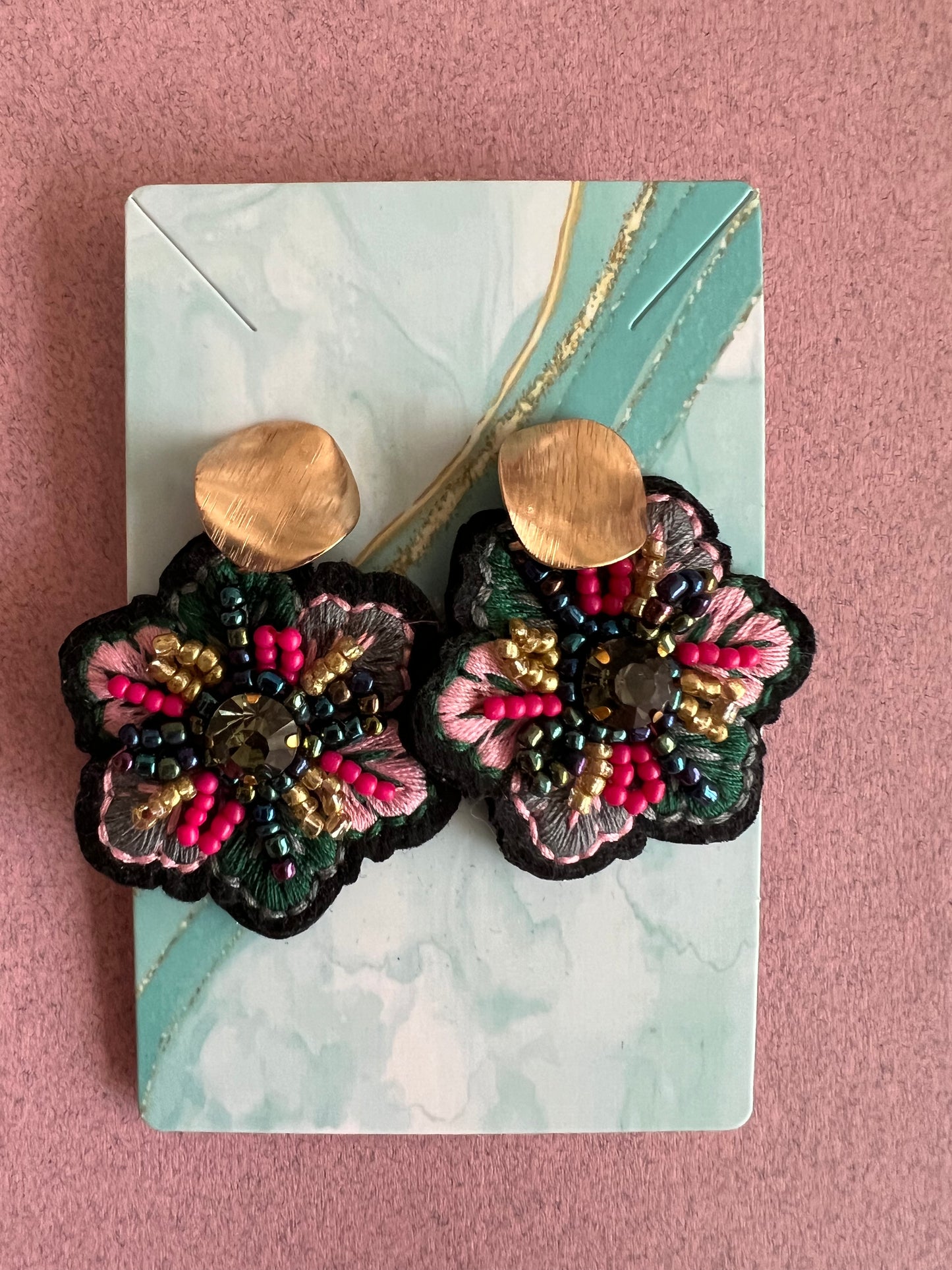 Dark Floral Earrings with Embroidery and Rice Beads