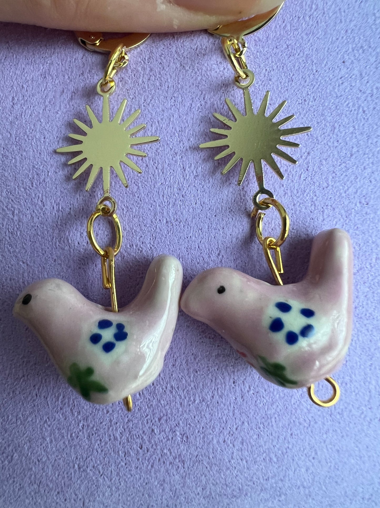 Ceramic Bird Spring Easter Earrings Huggies in Mystery Color with Golden Star