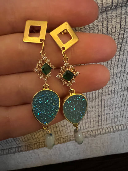 Druzy Crystal Drop Earrings with Roasted Glass Pendant