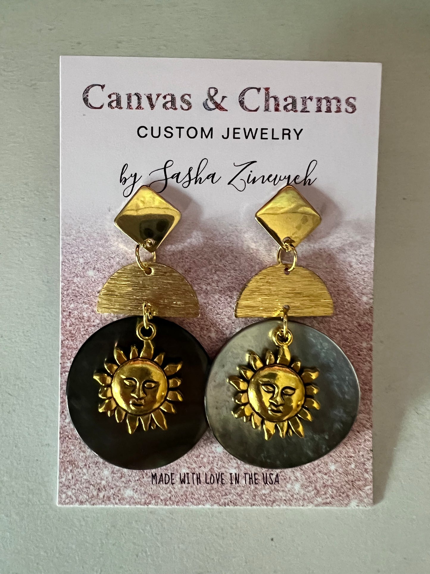 Celestial Statement Earrings with Sun and Black Pearl Discs