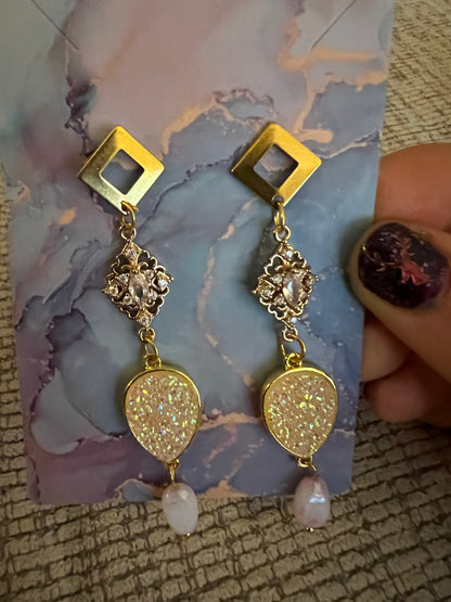 Druzy Crystal Drop Earrings with Roasted Glass Pendant