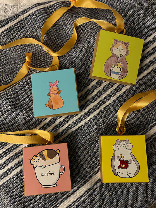 Cute cat doodle bamboo ornaments 2 sides with ribbon hanger
