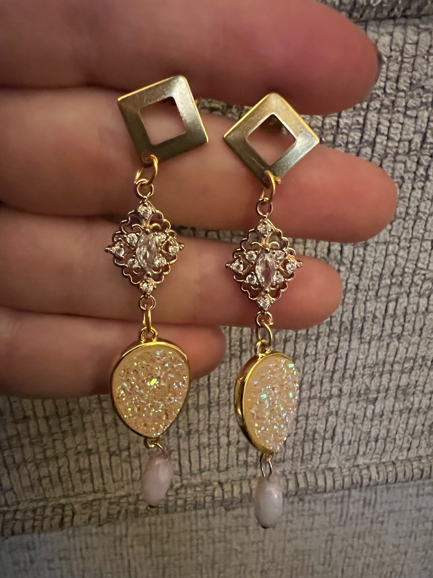 Druzy Crystal Drop Earrings with Roasted Glass Pendant