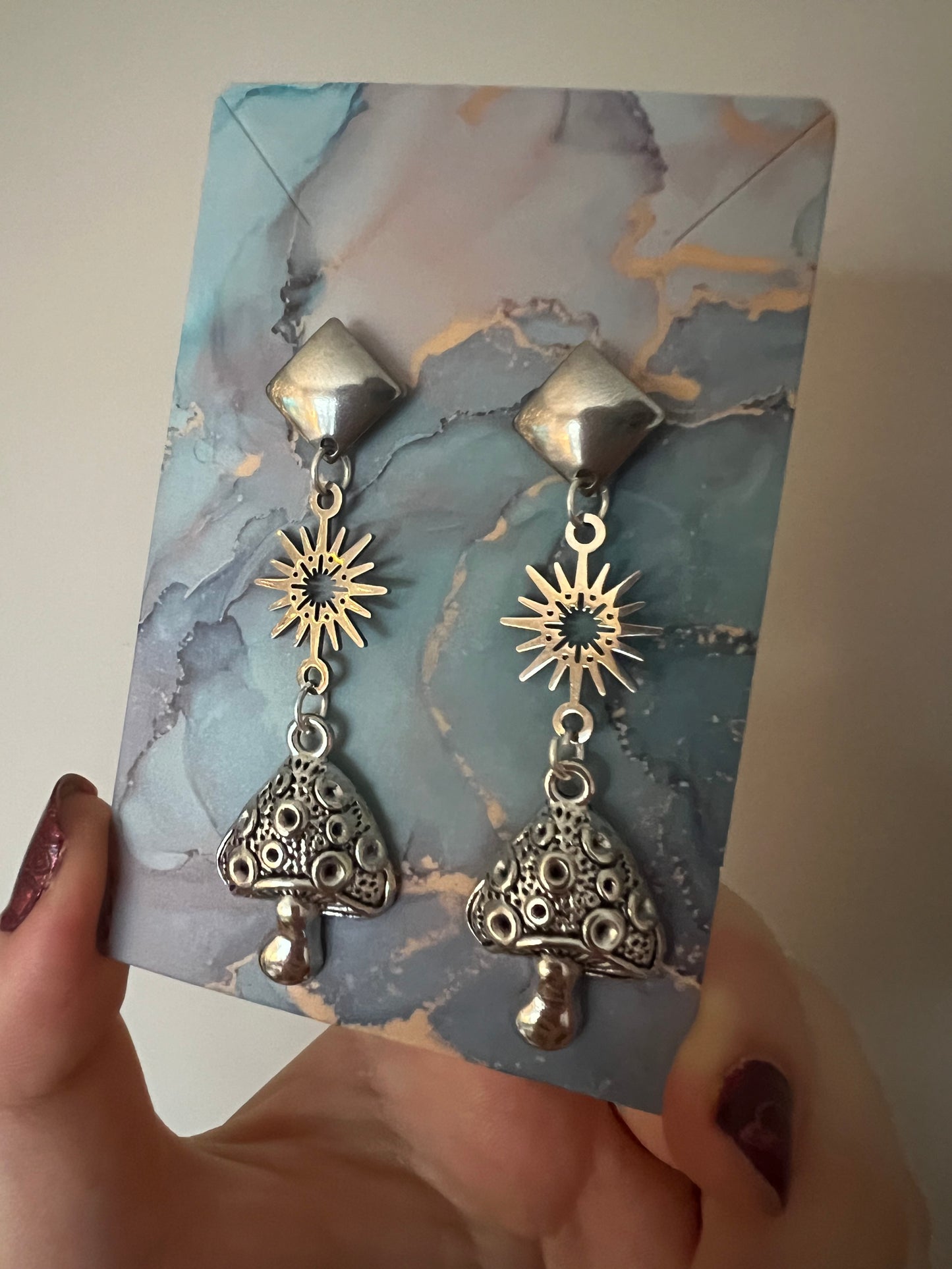 Mushroom Earrings in Silver Celestial Style