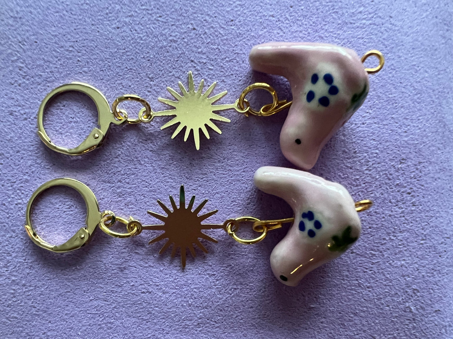 Ceramic Bird Spring Easter Earrings Huggies in Mystery Color with Golden Star