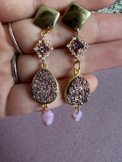 Druzy Crystal Drop Earrings with Roasted Glass Pendant