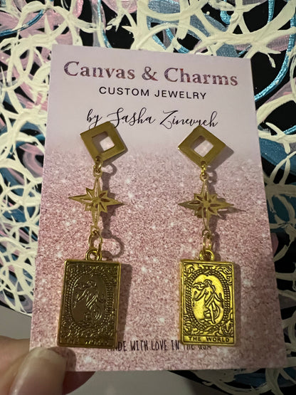 The World Tarot Card Earrings in Gold