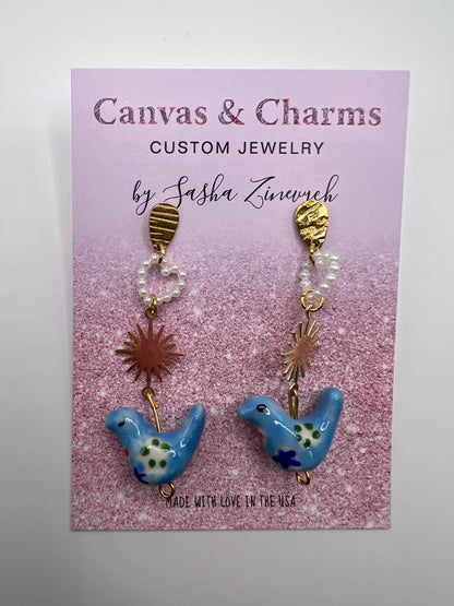 Blue Bird Ceramic Drop Earrings