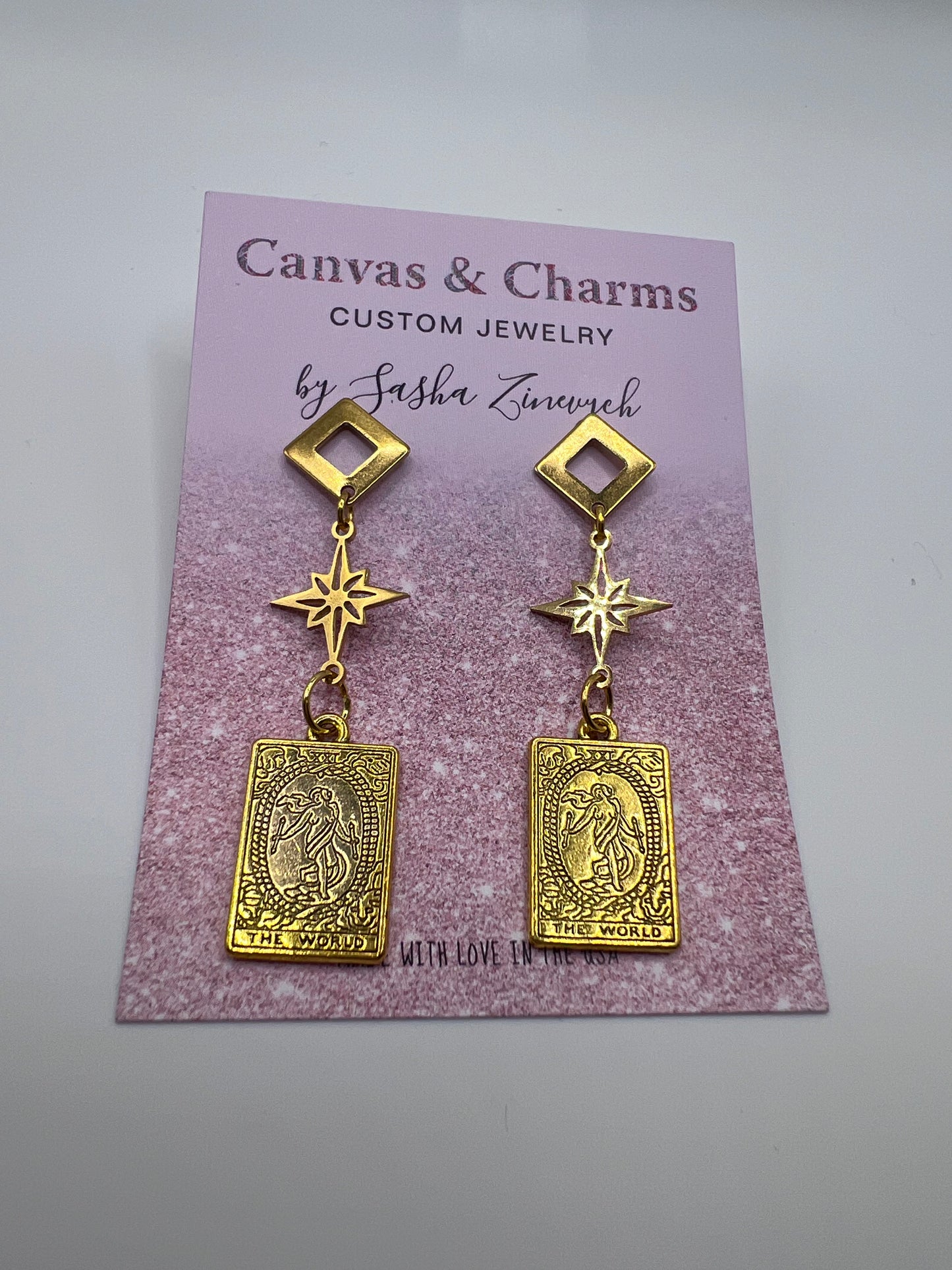 The World Tarot Card Earrings in Gold