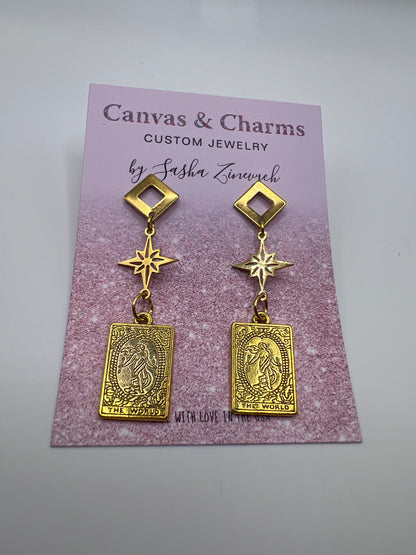 The World Tarot Card Earrings in Gold