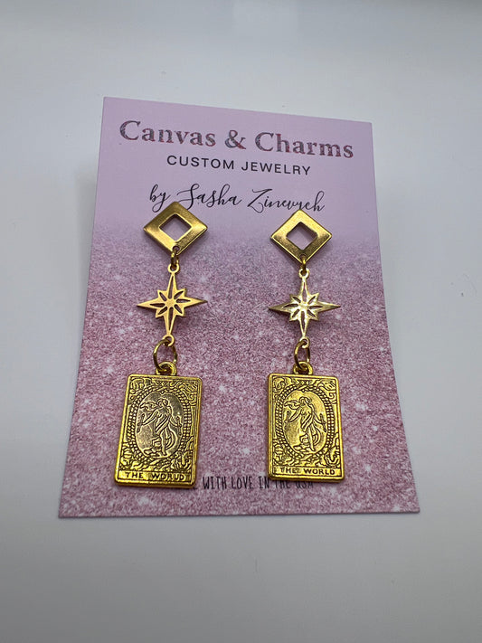 The World Tarot Card Earrings in Gold