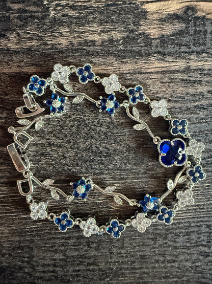 Sapphire Blue Clover Silver Bracelet Set VCA Vine Inspired Tennis 6.5 Inches Clasp Closure