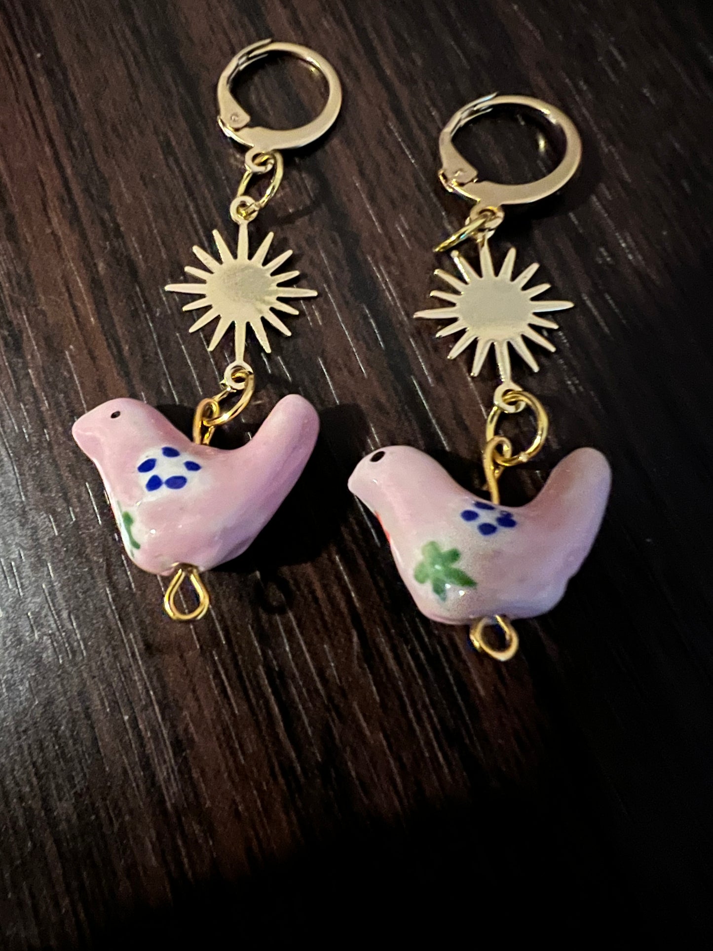 Ceramic Bird Spring Easter Earrings Huggies in Mystery Color with Golden Star