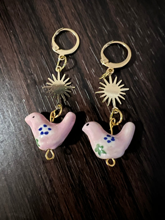 Ceramic Bird Spring Easter Earrings Huggies in Mystery Color with Golden Star