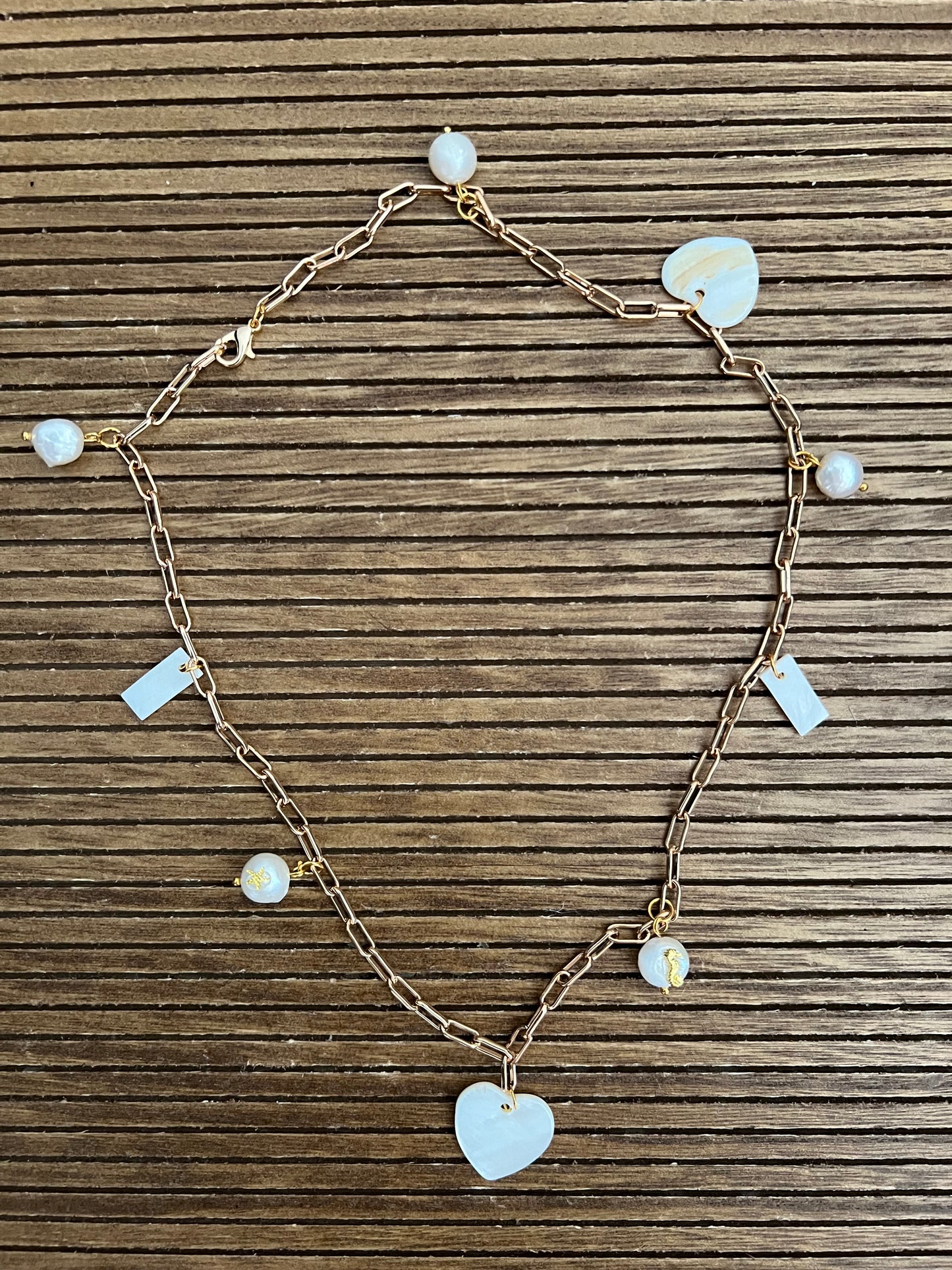 Handmade Gold Chain Necklace with Freshwater Pearl and Shell Heart Charms