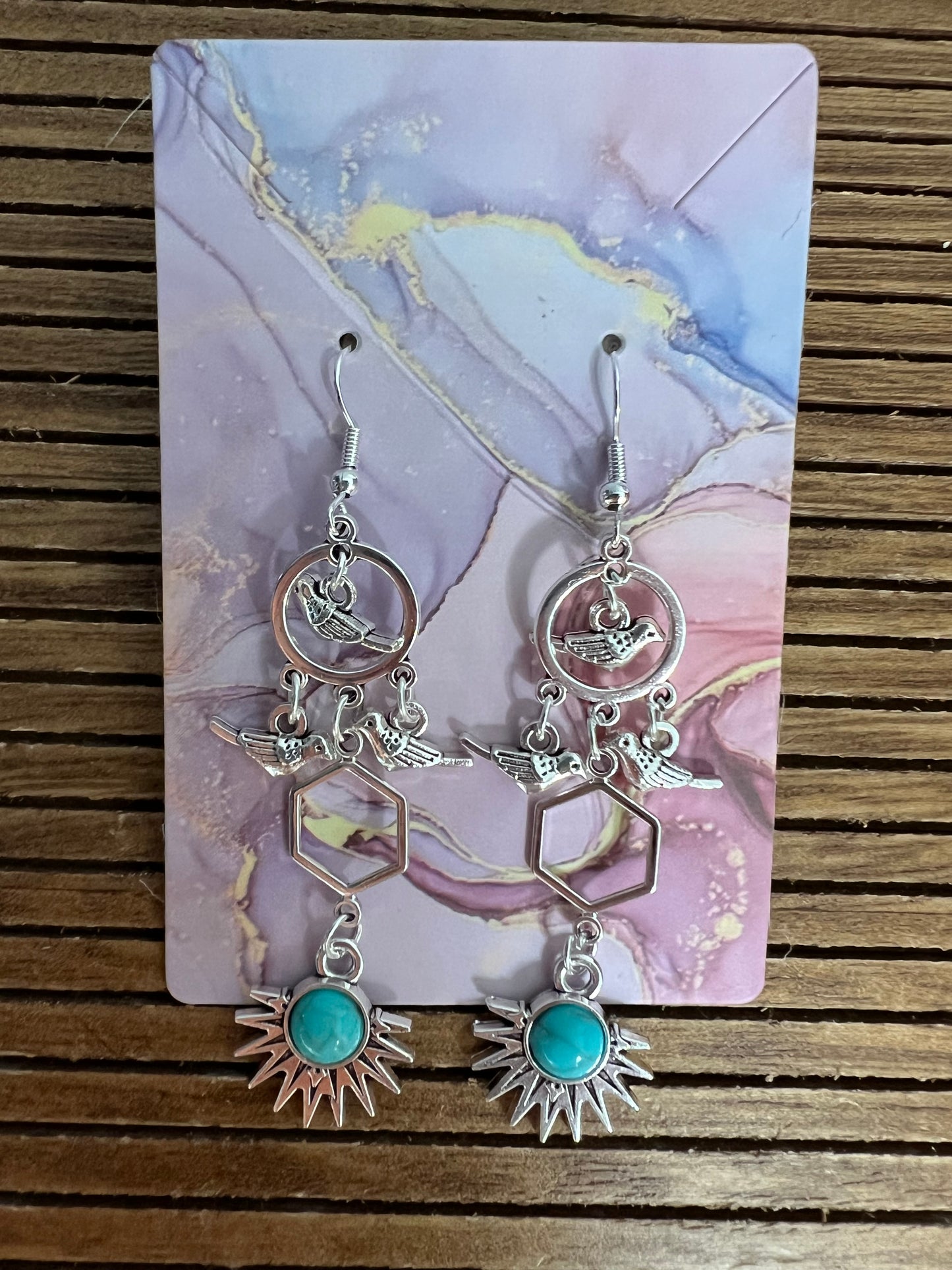 Vintage silver drop handmade earrings with birds and turquoise detail