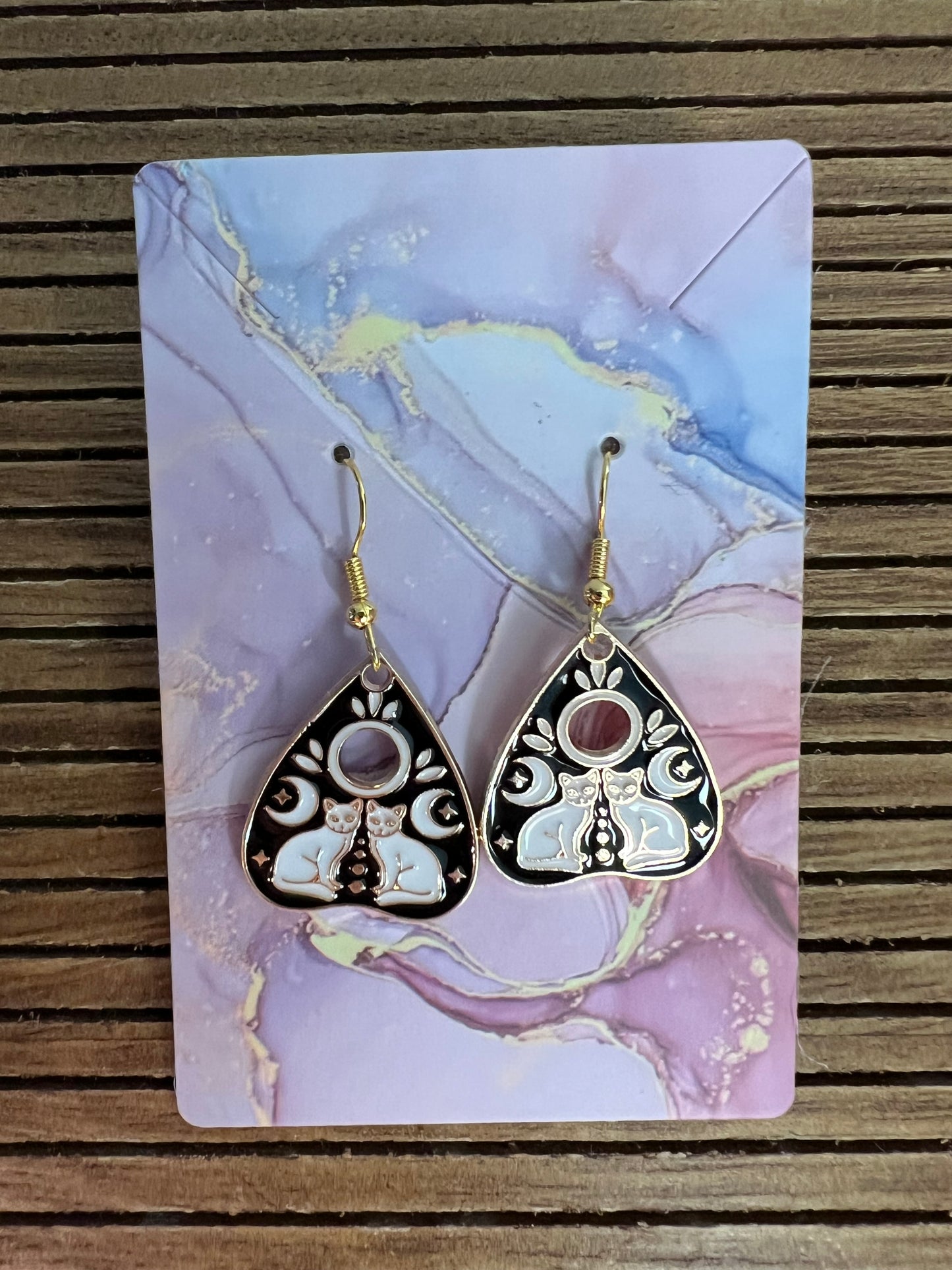 Ouija board earrings with white cats in gold