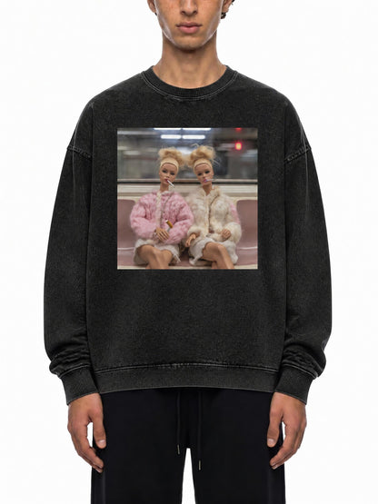 Funny Barbie Dolls on a Subway Acid Wash Oversize Long Sleeve T-Shirt