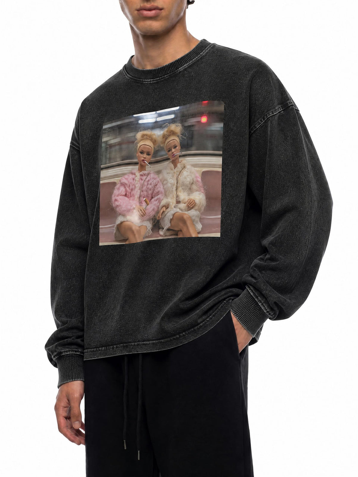 Funny Barbie Dolls on a Subway Acid Wash Oversize Long Sleeve T-Shirt