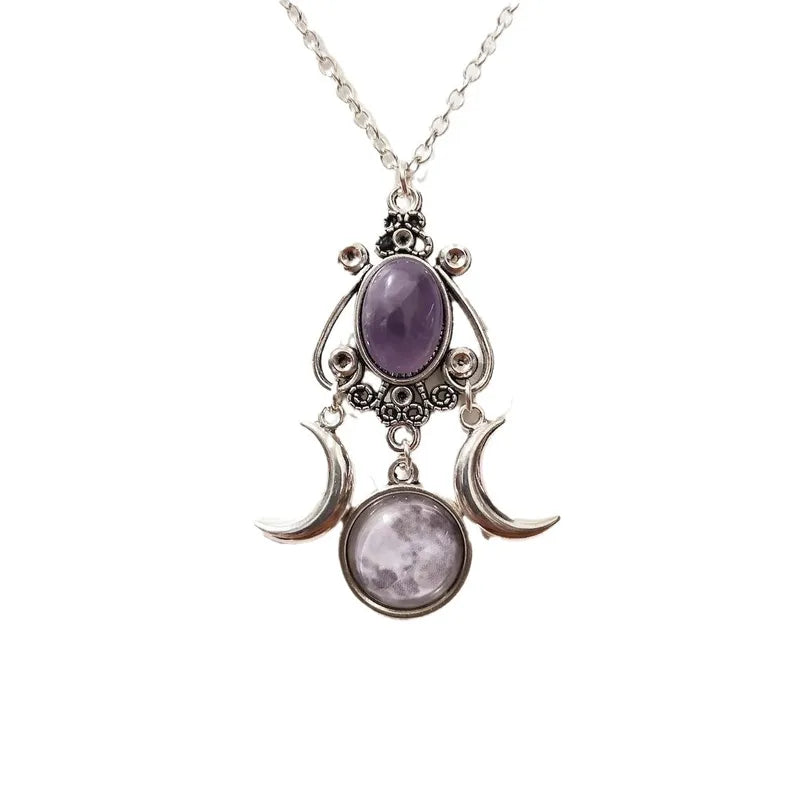 Mystic Moon Silver Amethyst Necklace Boho Rustic Gemstone Crystal
